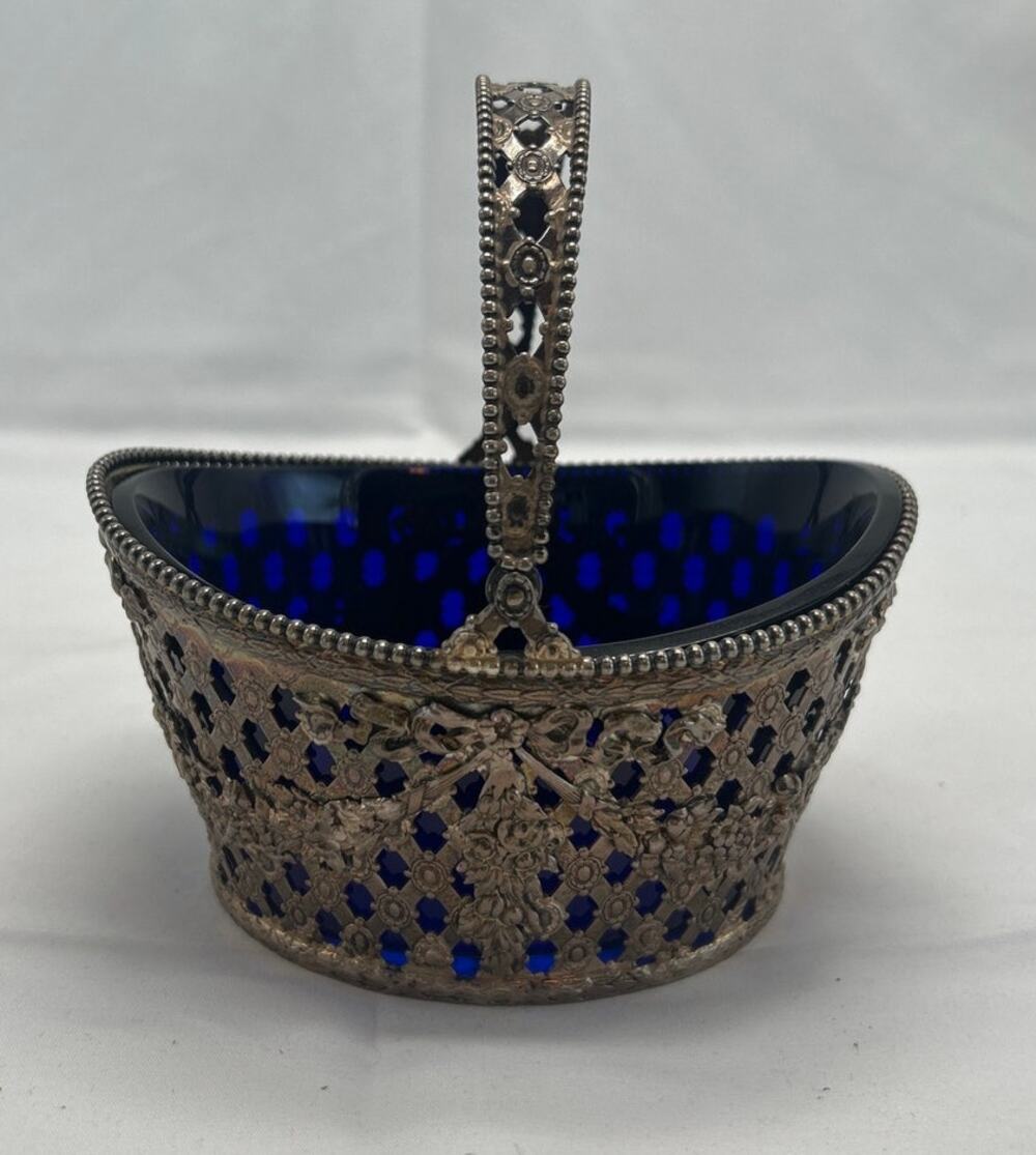Antique J.E. Caldwell Sterling Silver Cobalt Glass Sugar Basket Bowl Pierced